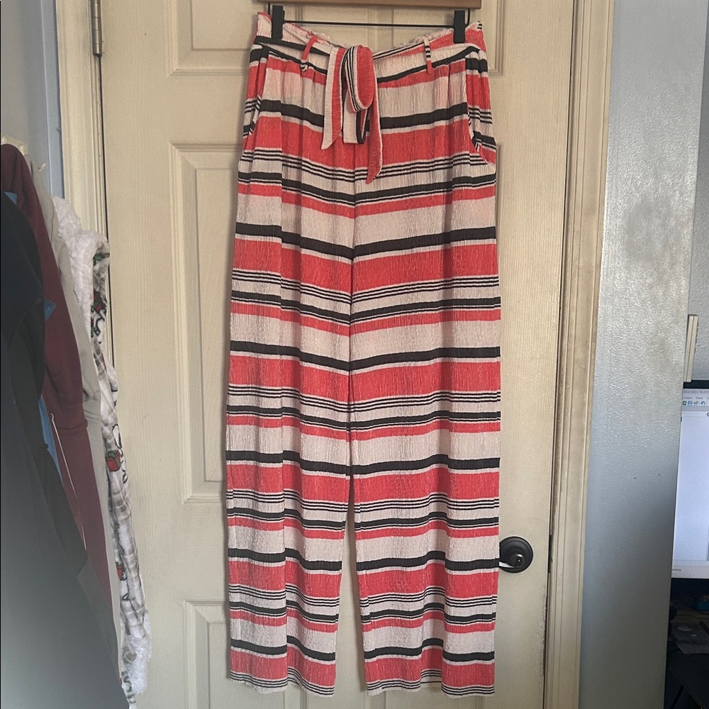 Striped Wide-Leg Tie-Waist Pants in Coral and Cream